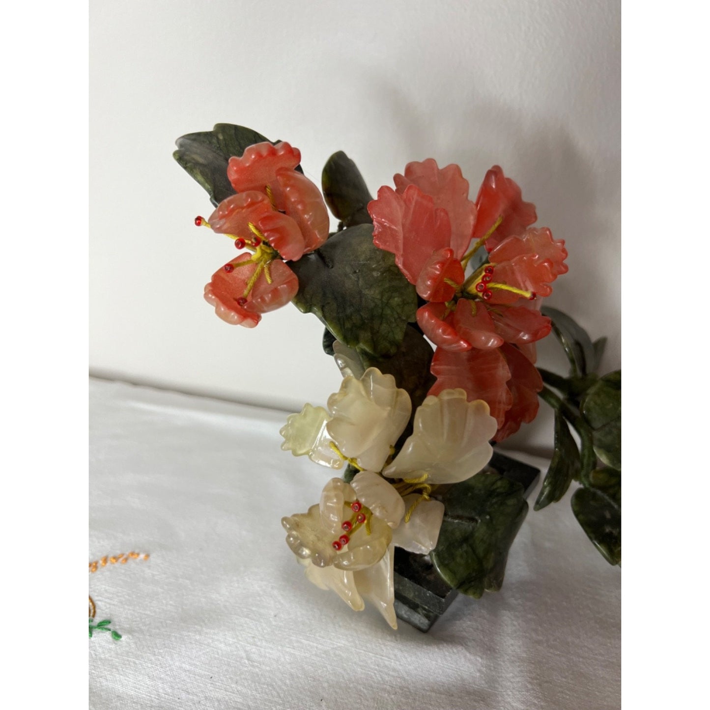 Vintage Jade Tree Bonsai Tree Carved Agate Peony Flowers High Blossom