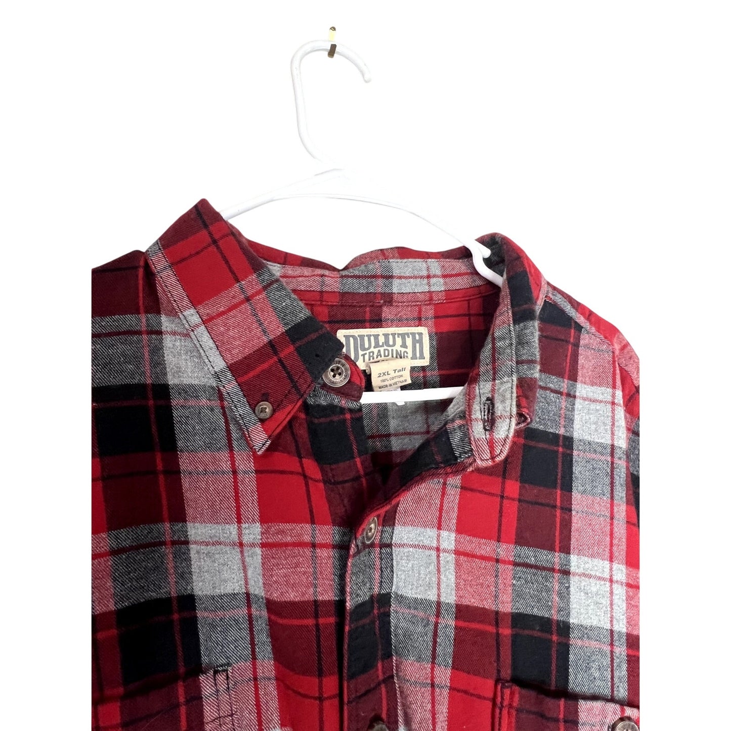 Duluth Trading Shirt Mens XXL Tall Red Black Gray Plaid Button Up Flannel 2XLT