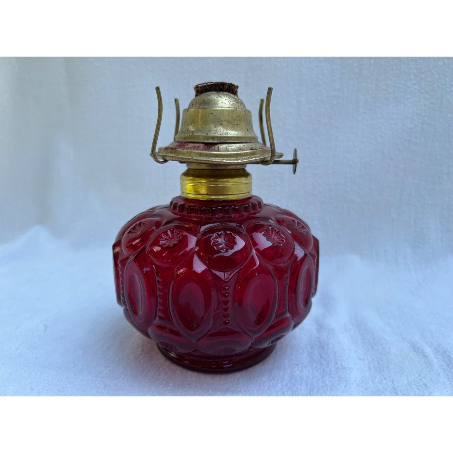VTG L E Smith Moon Stars Cranberry Red Oil Lamp 12” Glass Victorian Gothic