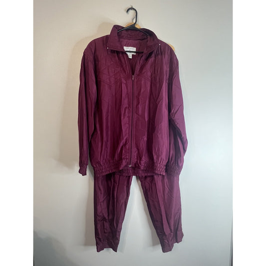VTG 90's Oleg Cassini L Merlot Silk Lightweight Jacket Pants Track Suit Roper