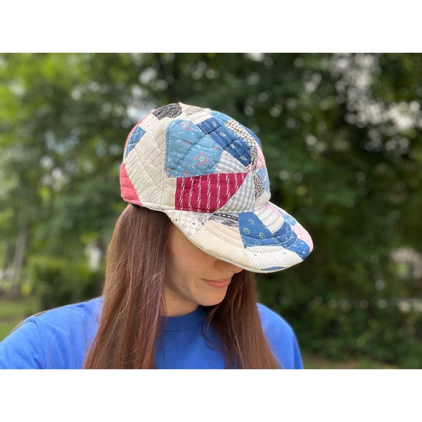 Vintage Handmade Reversible 1910 Indigo Quilt & Irish Linen Baseball Hat