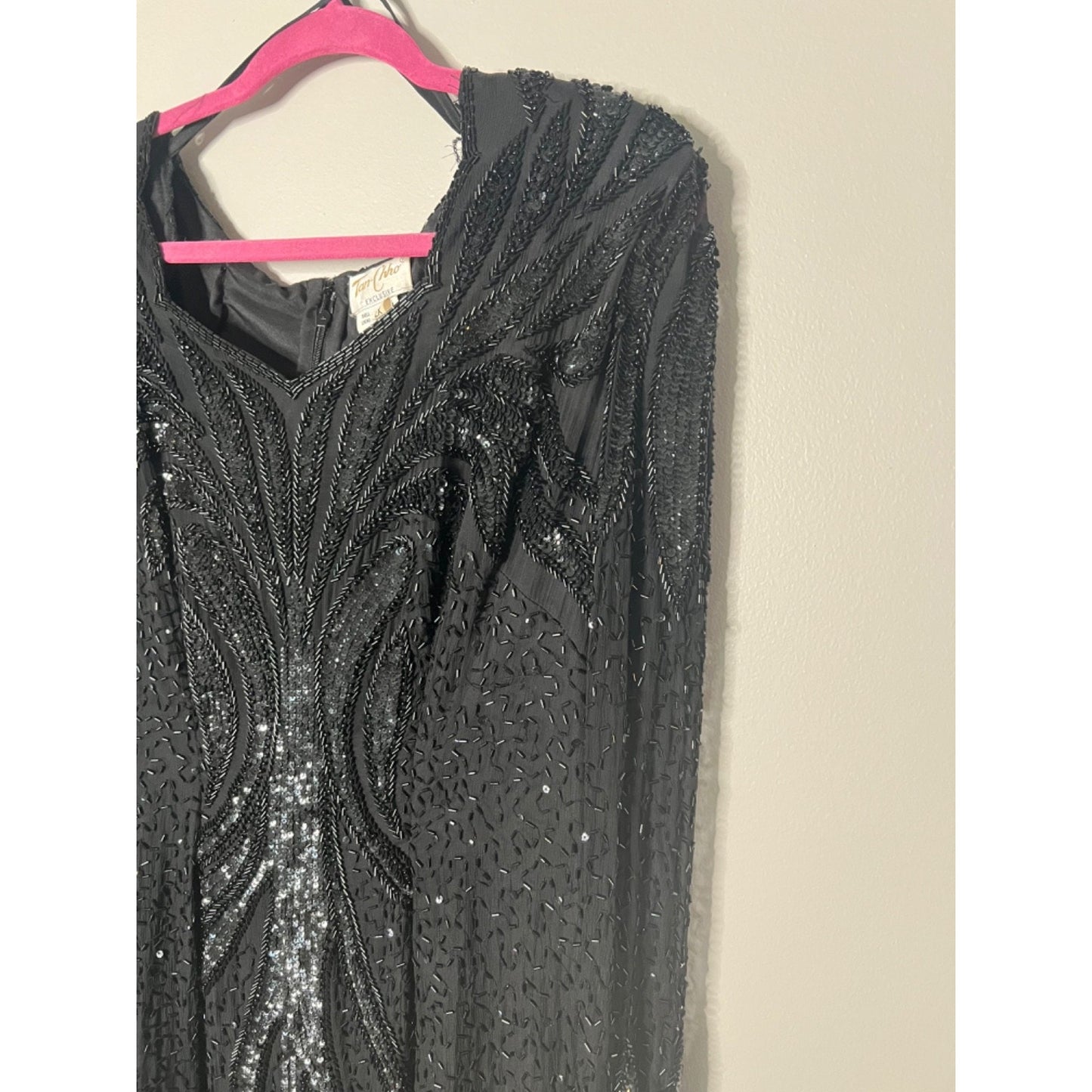 Vtg TAN-CHHO Black 2X Silk Beaded Sequin Long Dress Gown Christmas Cruise Formal