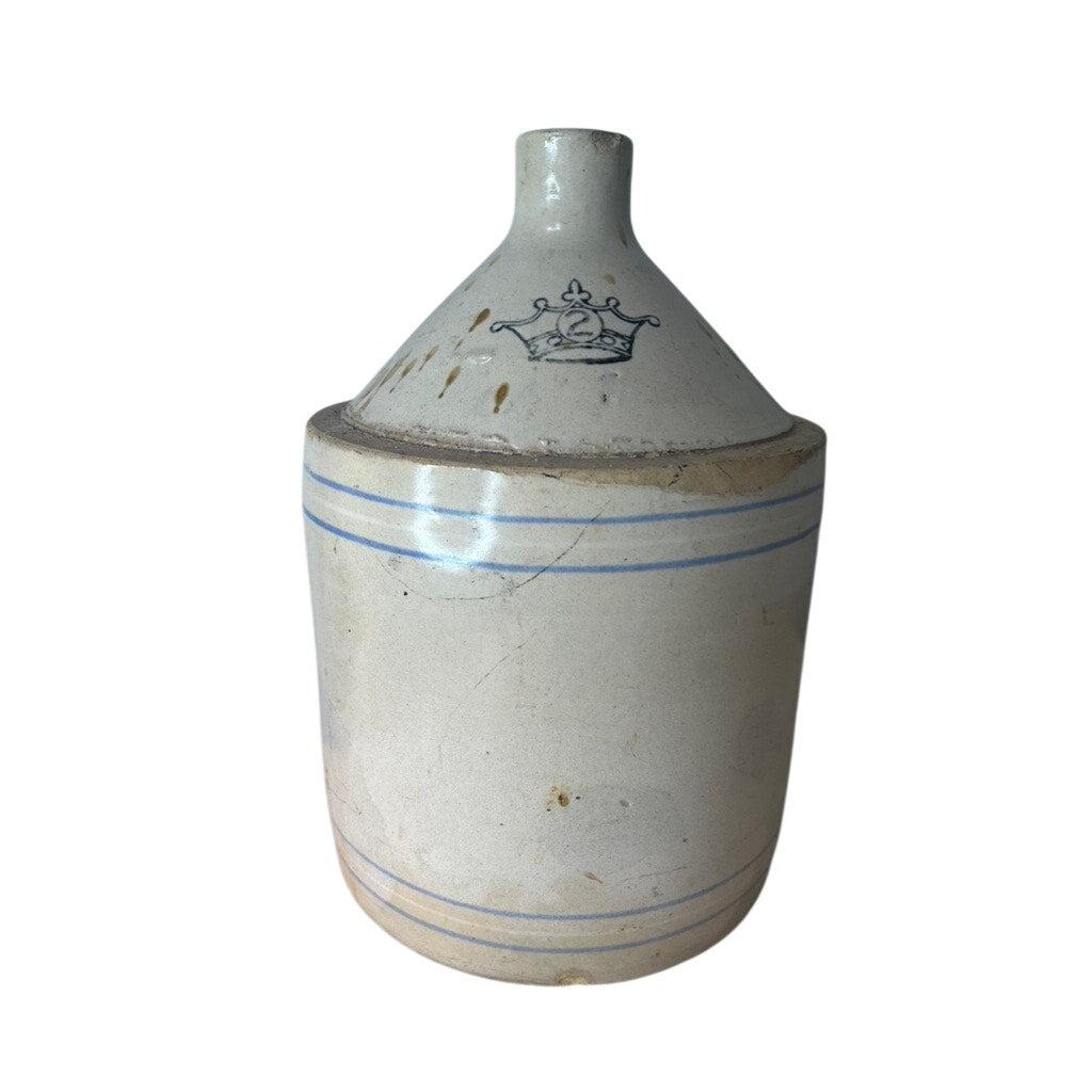 Rare Crown Stoneware 2 Gallon Whiskey Jug with Cobalt Stripes