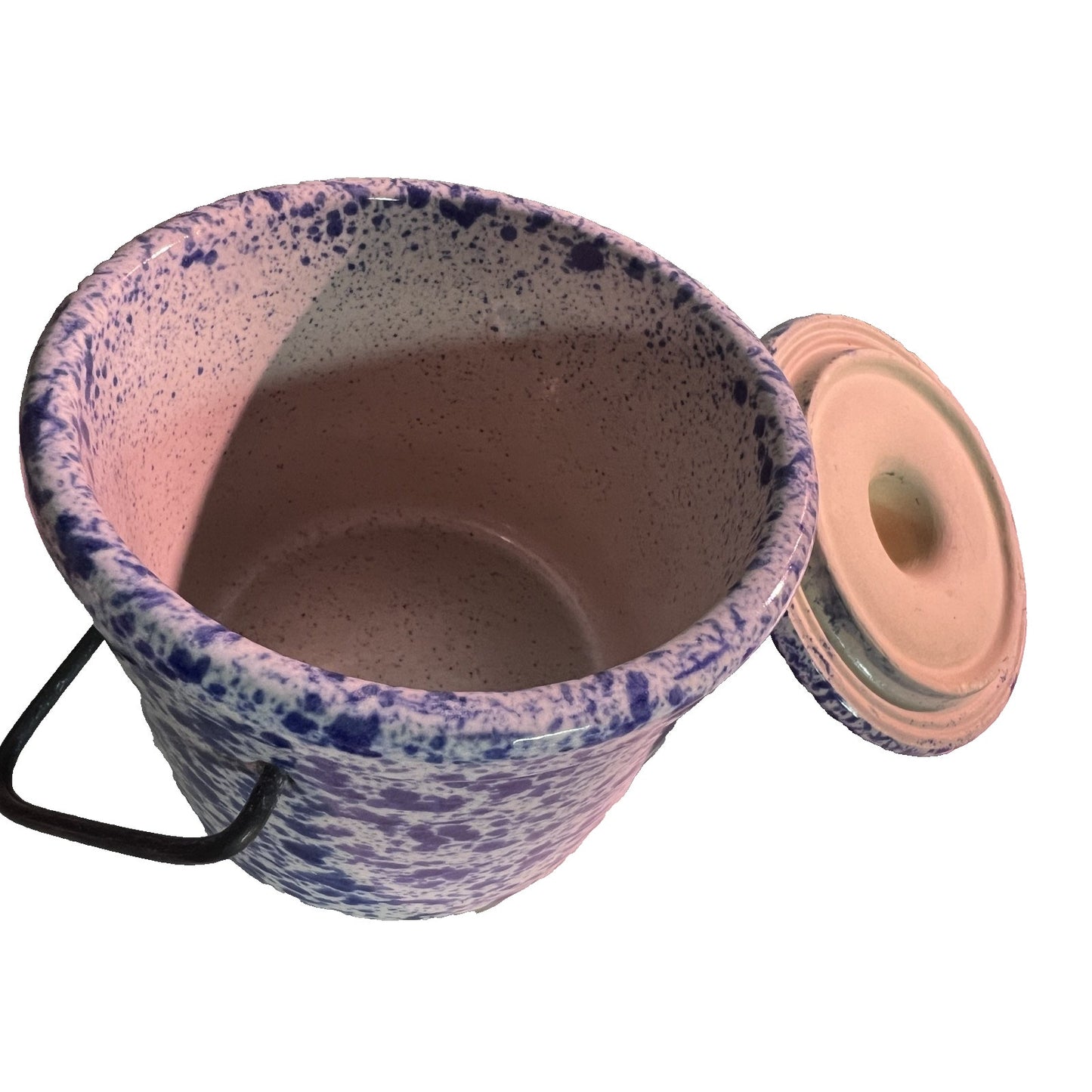 Vintage Stoneware Blue Speckled Crock Wire Bale Lid Cheese Crock Pottery