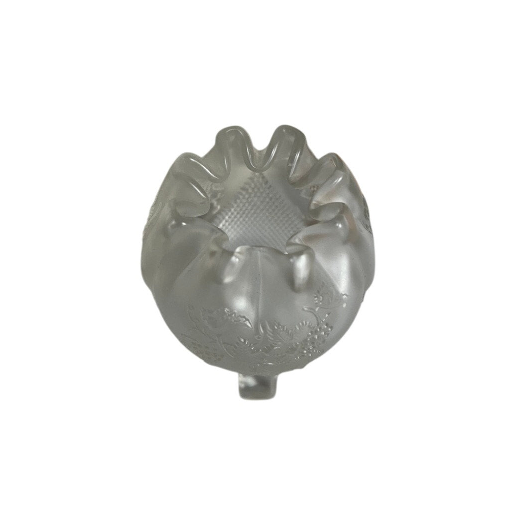 Vintage Fenton Frosted Satin Glass Footed Rose Bowl Grape Leaves Pattern