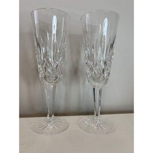 Set of 2 WATERFORD Lismore Crystal Champagne Glasses Flutes 7.25"/ IRELAND