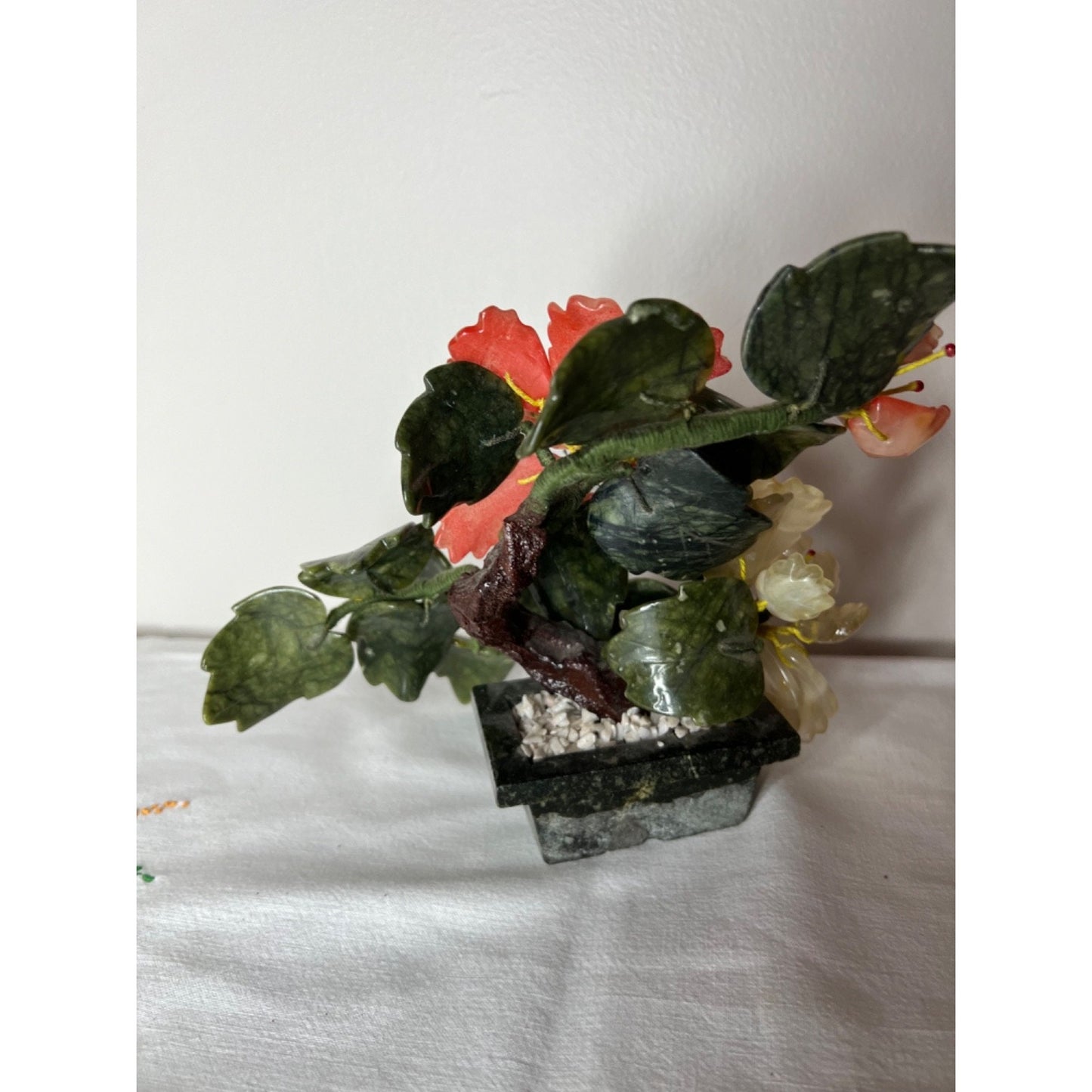 Vintage Jade Tree Bonsai Tree Carved Agate Peony Flowers High Blossom