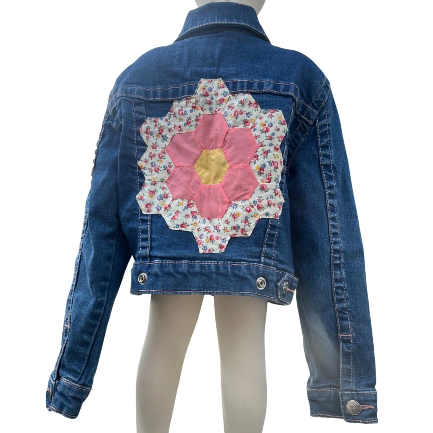 OOAK True Religion sz 5 Jean Jacket w/ Grandmother's Flower Garden Quilt Patch