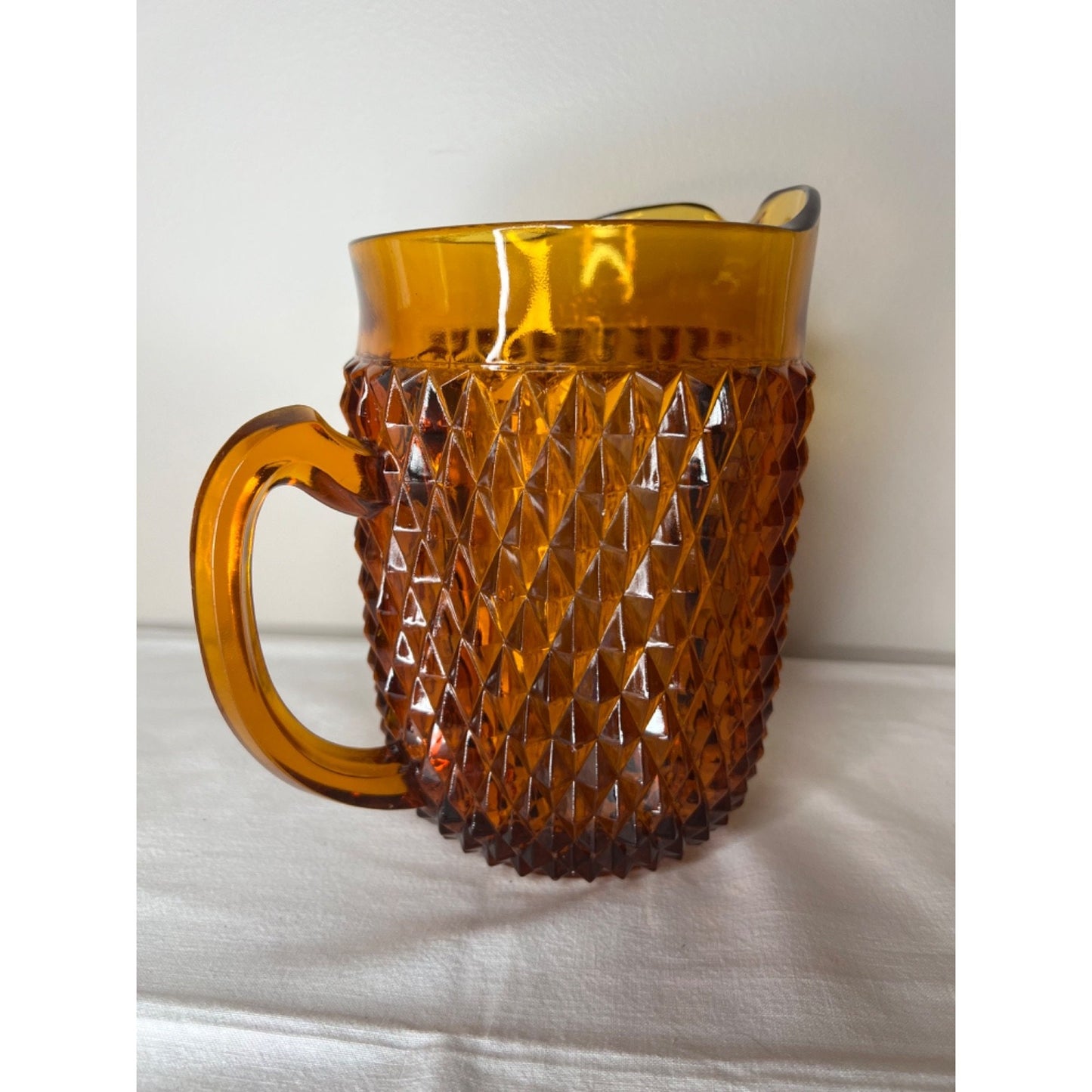 Vintage Indiana Glass Diamond Point Amber Heavy 52 Oz 7 5/8” Pitcher EUC
