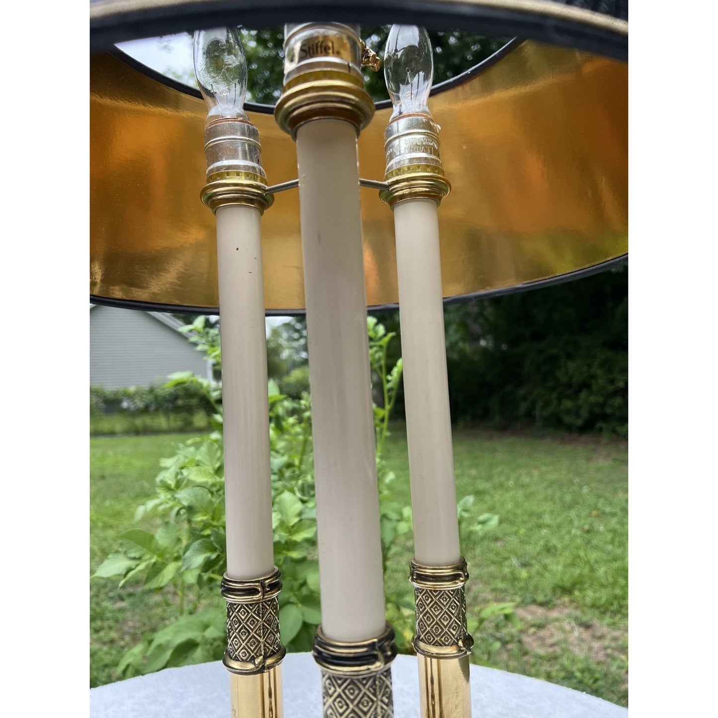 STIFFEL French Bouillotte Brass Candlestick Vtg Lamp Black Leather Adjust. Shade