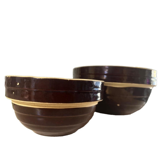 Vintage USA Stoneware Mixing Bowls Set – Brown Drip Glaze 9” 6” Farmhouse Decor