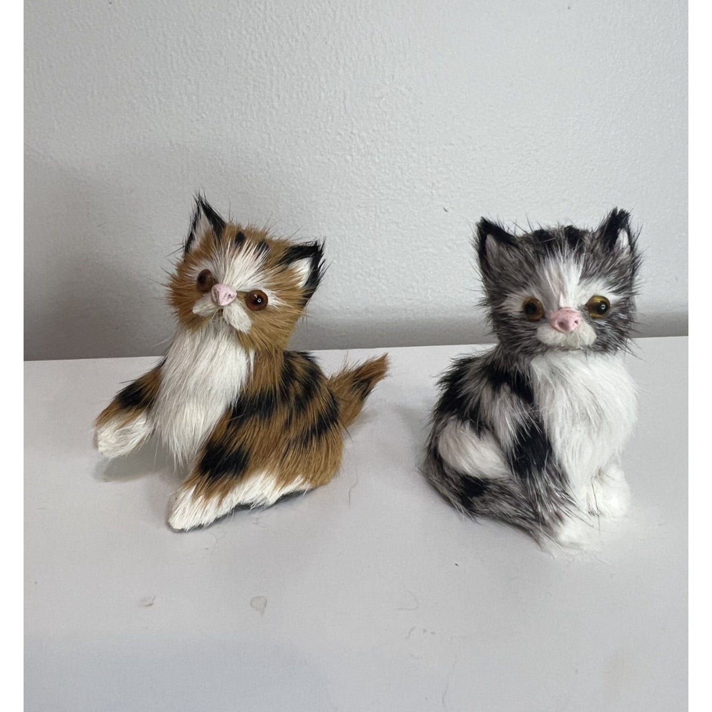 Vintage Golden Leaf Real Rabbit Fur Animal Figure Kitten Cat 3" Set of 2