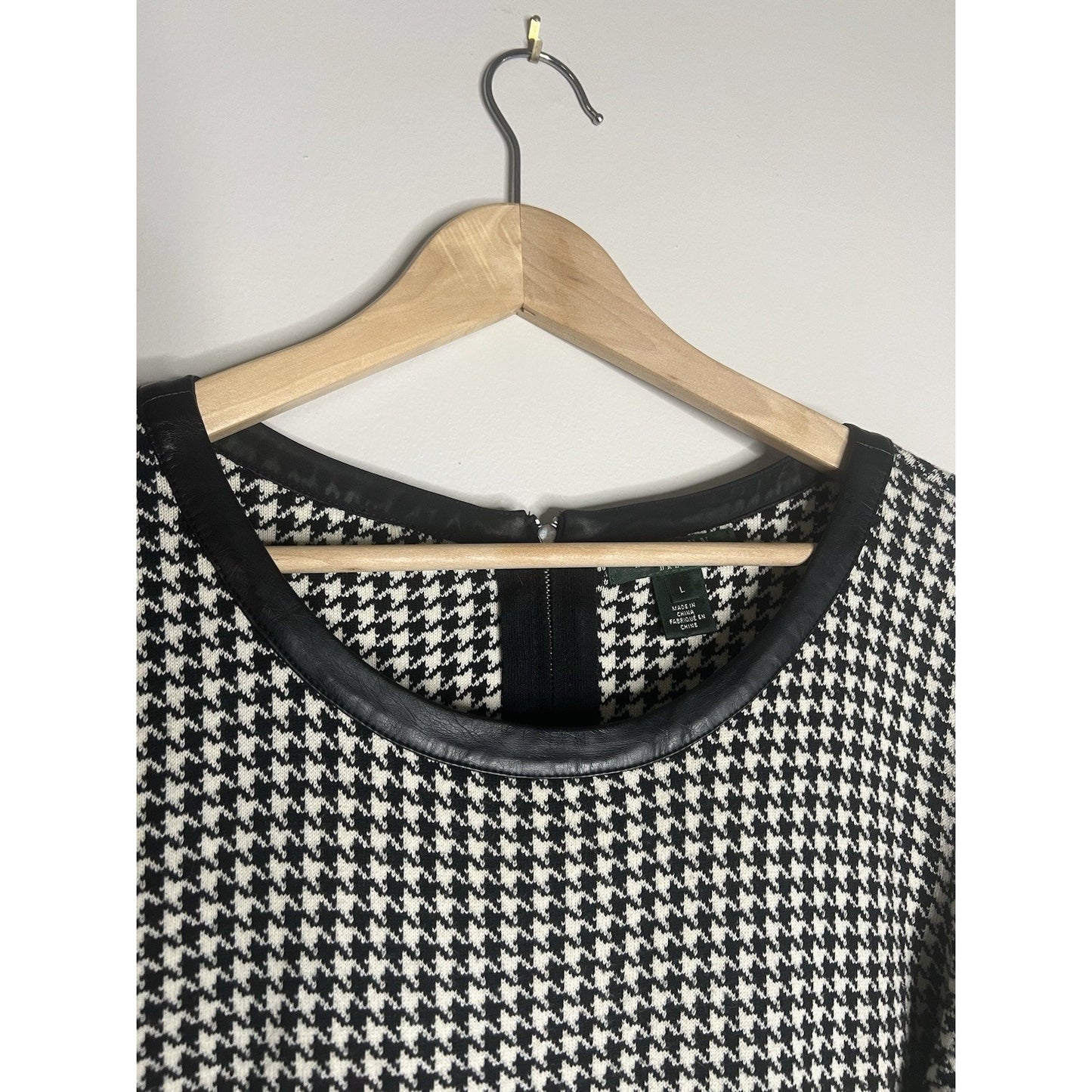 LAUREN Ralph Lauren Leather Piping Houndstooth Dress Women Size Large Genuine
