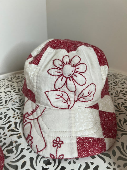 Embroidered Redwork Floral Quilt Hat