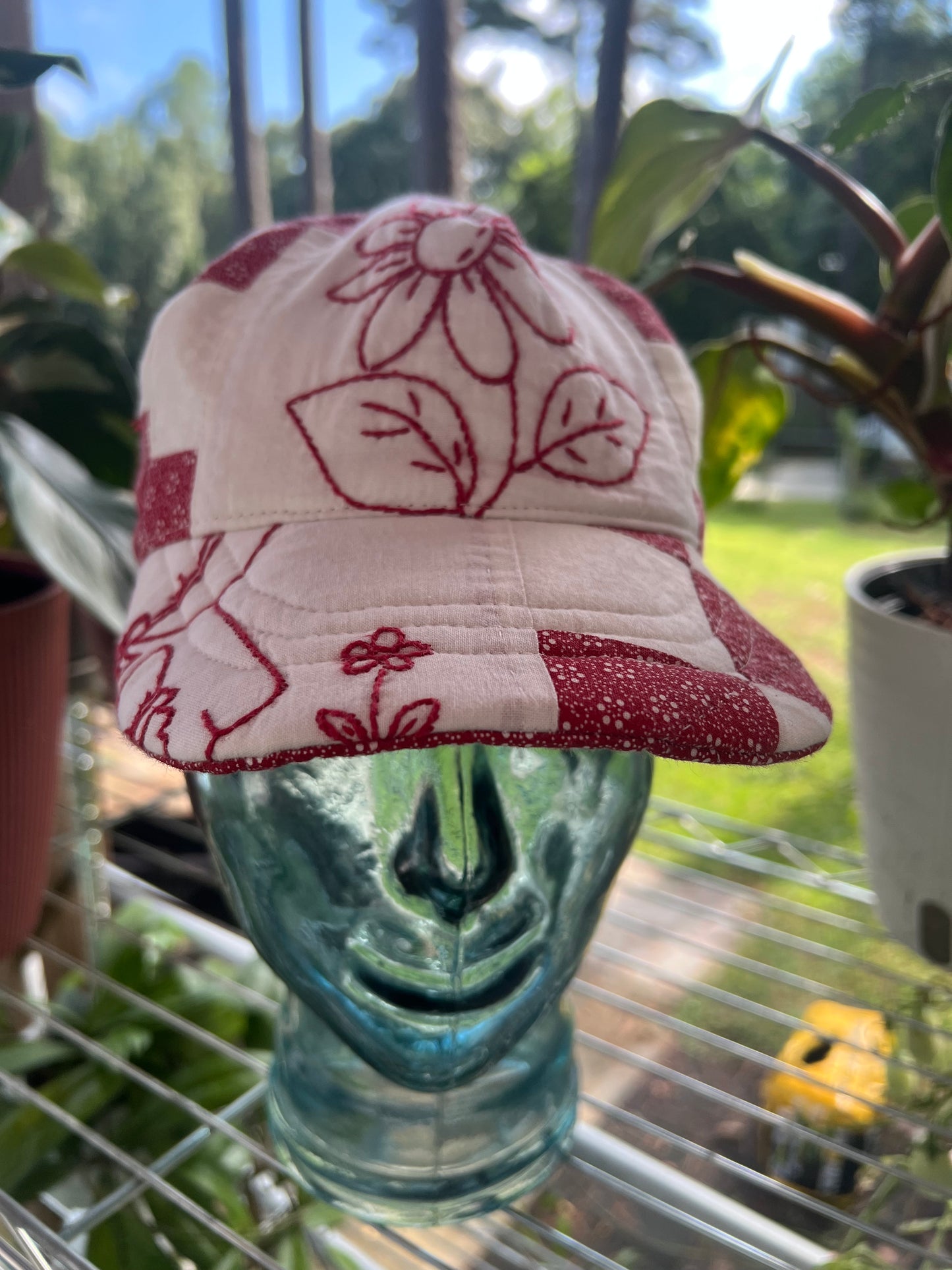 Embroidered Redwork Floral Quilt Hat