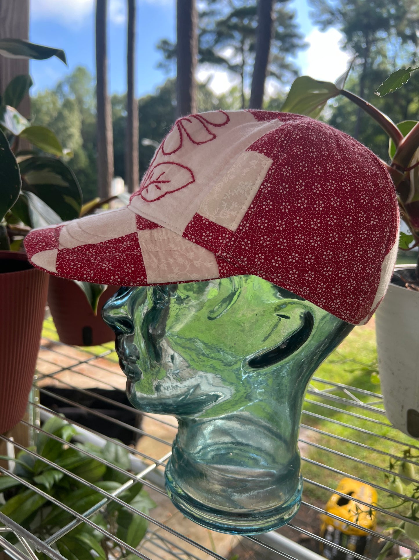 Embroidered Redwork Floral Quilt Hat