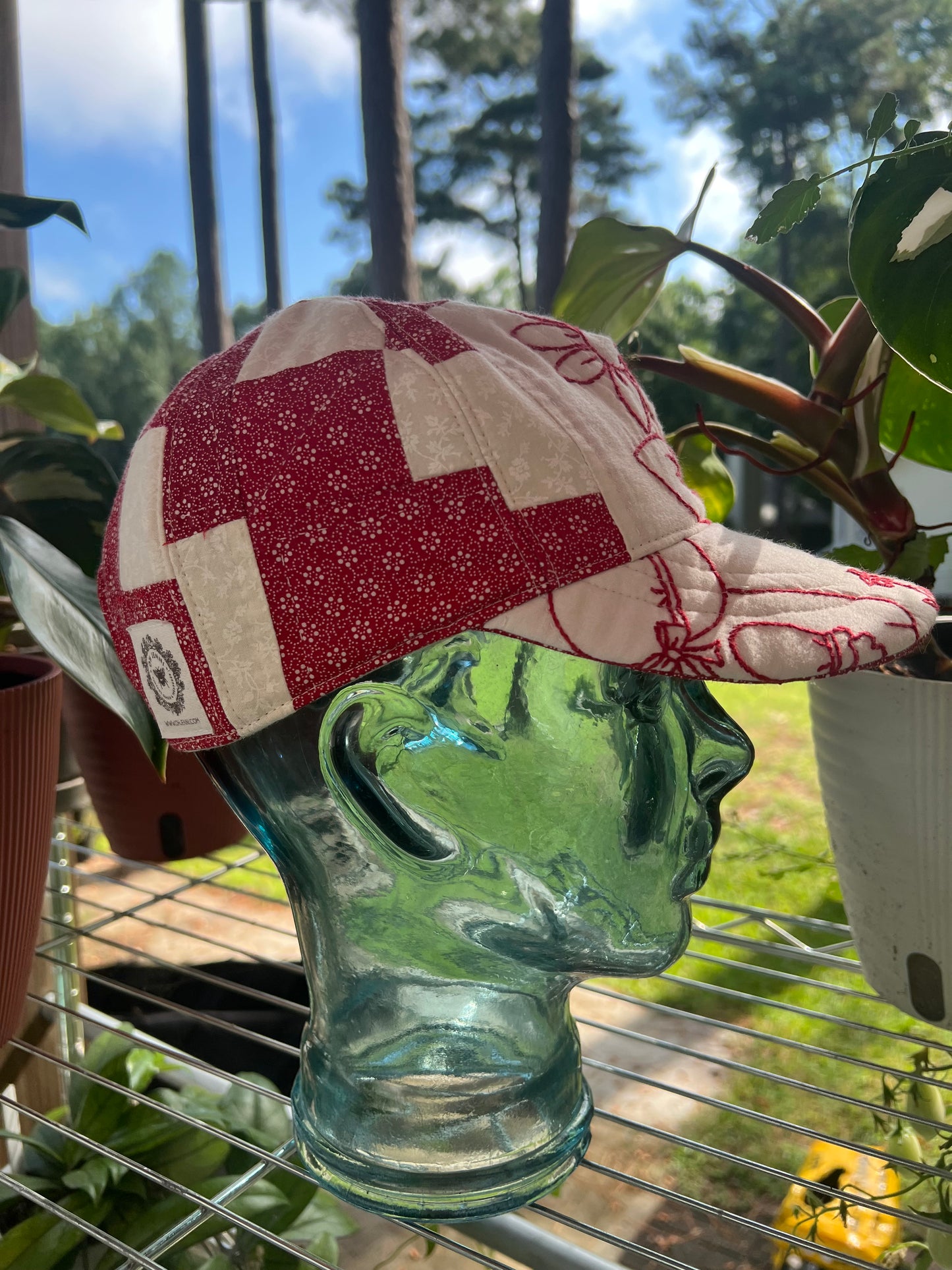 Embroidered Redwork Floral Quilt Hat