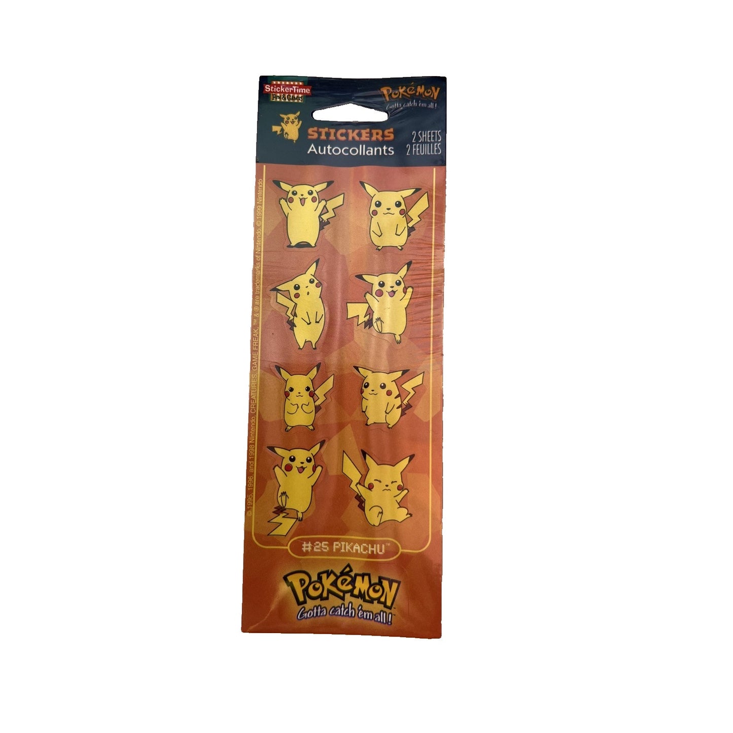 1999 Vintage Pokemon Stickers Sealed New 2 Sheets #25 Pikachu