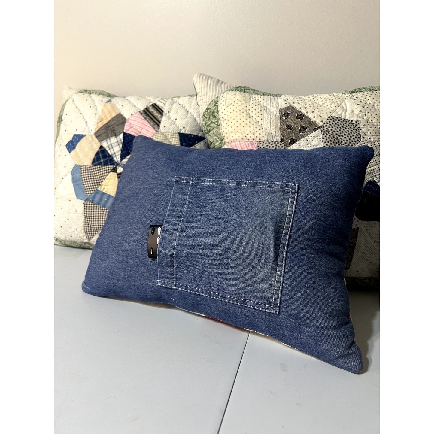 Vintage 1910 Indigo String Star & Denim Quilt Pillow w/ Remote Pocket