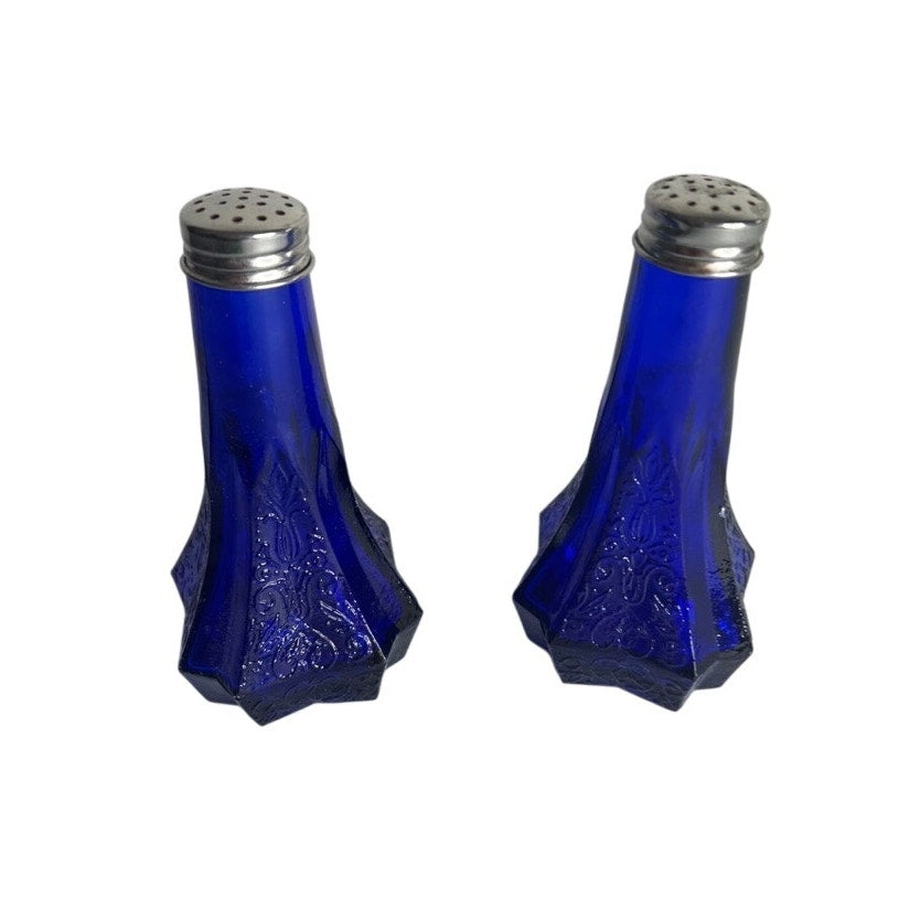 VTG Cobalt Blue Depression Glass Salt & Pepper Shakers Embossed