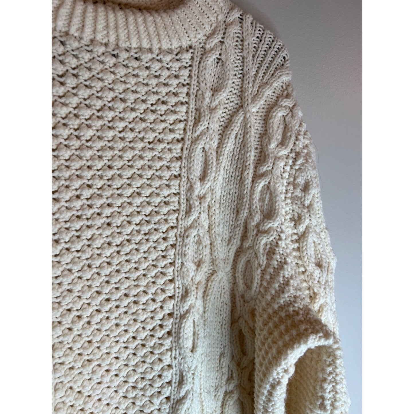 Vintage Handmade 90s Fisherman Cable Knit Wool Aran Sweater Mens size L XL Cream