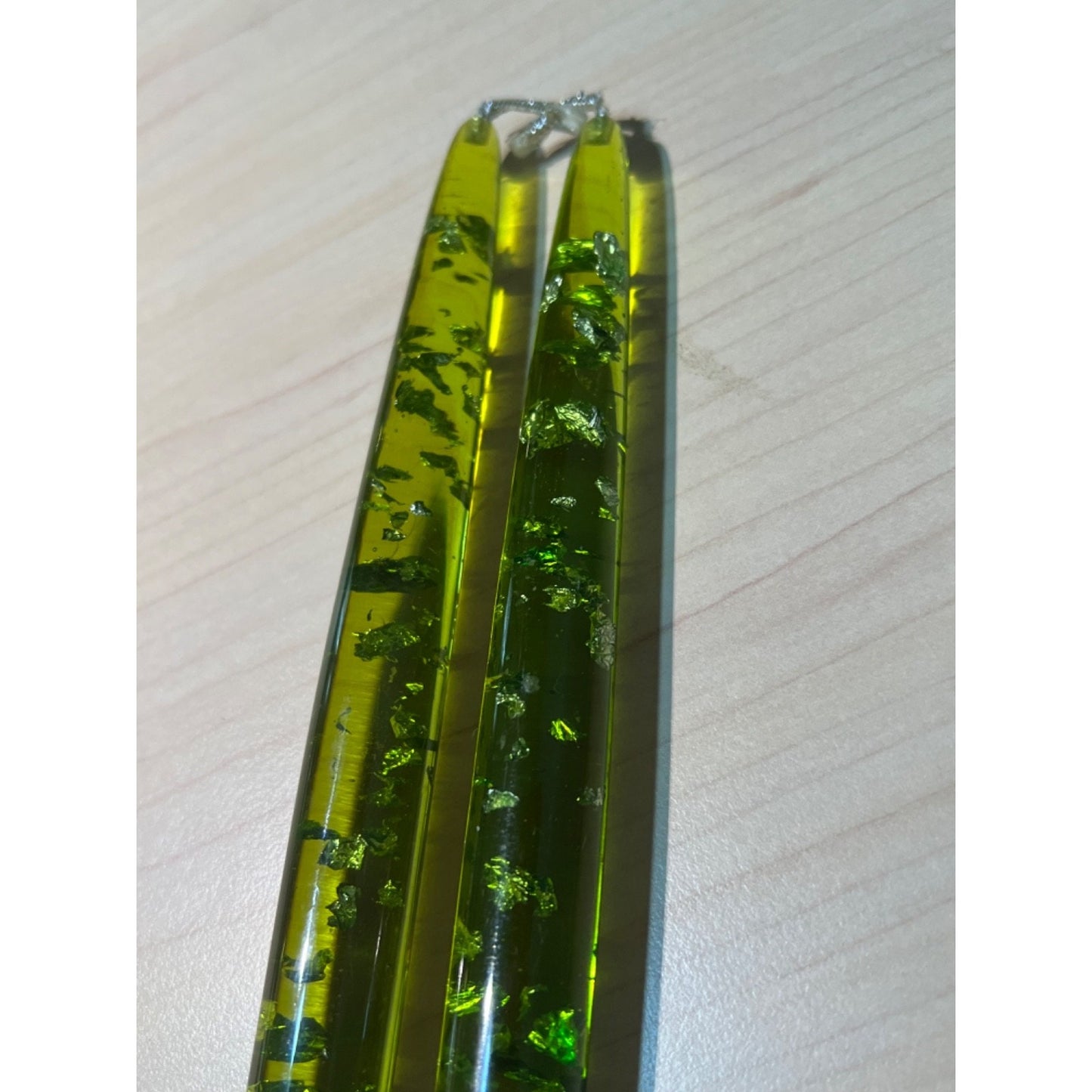 Vintage MCM Pair Avocado Green Silver Wick Flecks Lucite 11.5" Candles