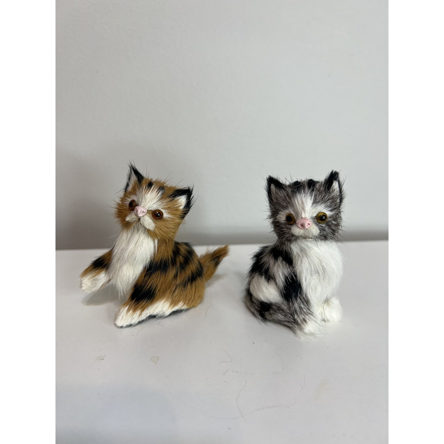 Vintage Golden Leaf Real Rabbit Fur Animal Figure Kitten Cat 3" Set of 2