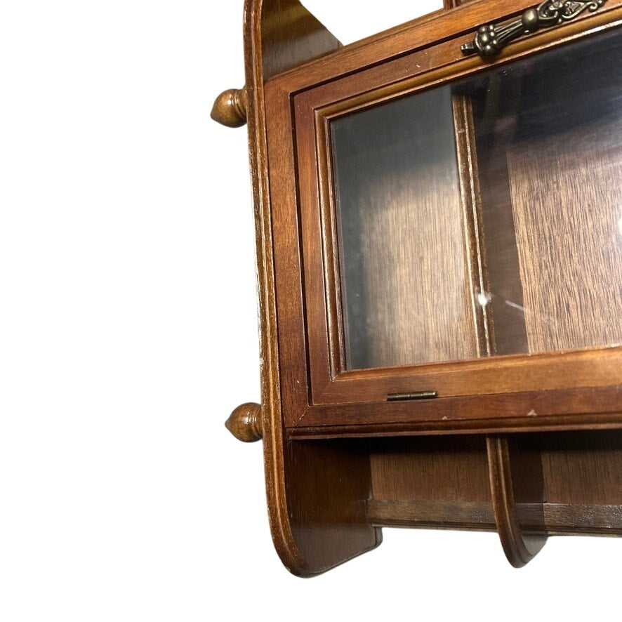 VTG Wood Curio Cabinet Shelves Glass Door Footed Tabletop Wall Hanging 17”