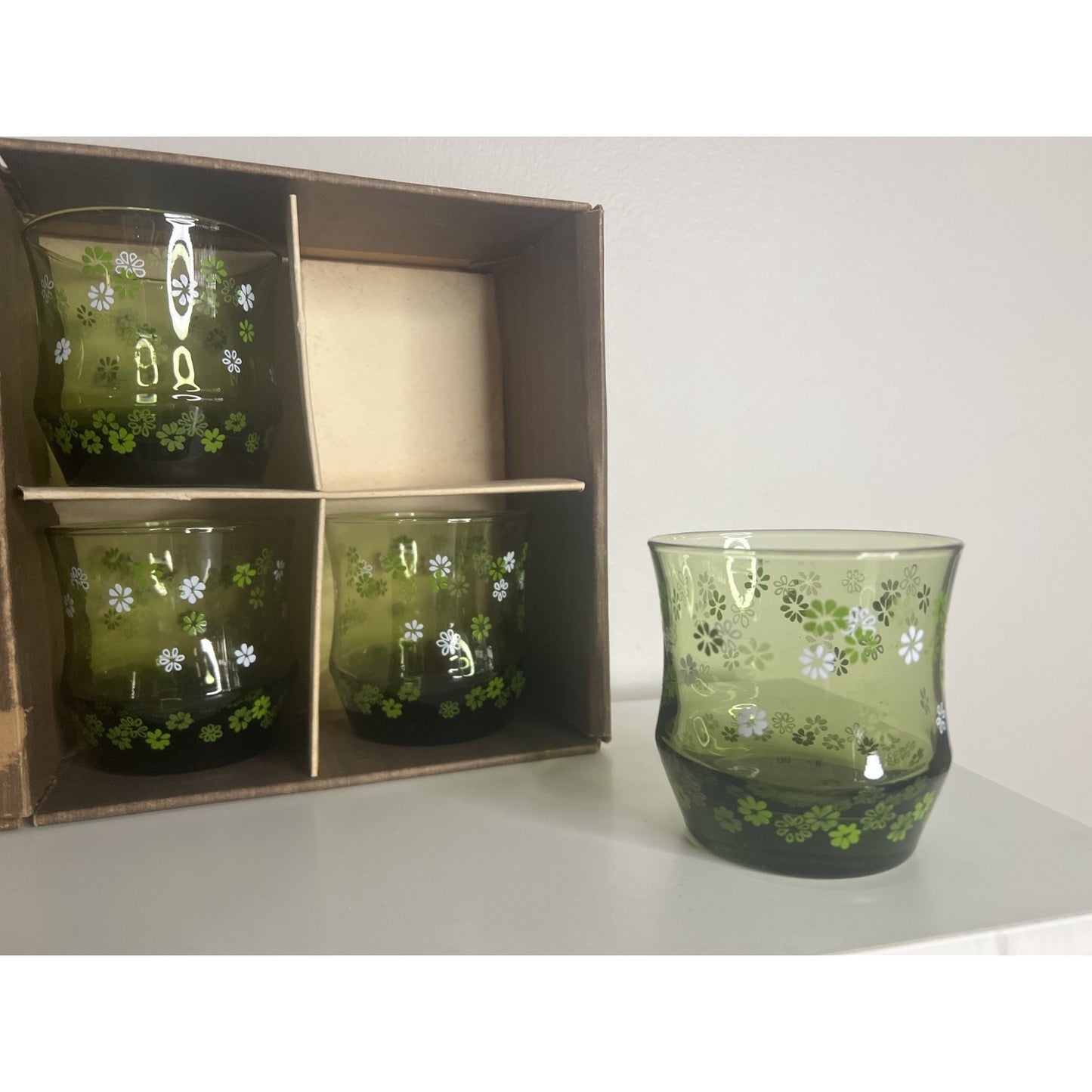 RARE NOS 8 Vintage Libbey Green Straw Flower Crazy Daisy Rocks Glasses