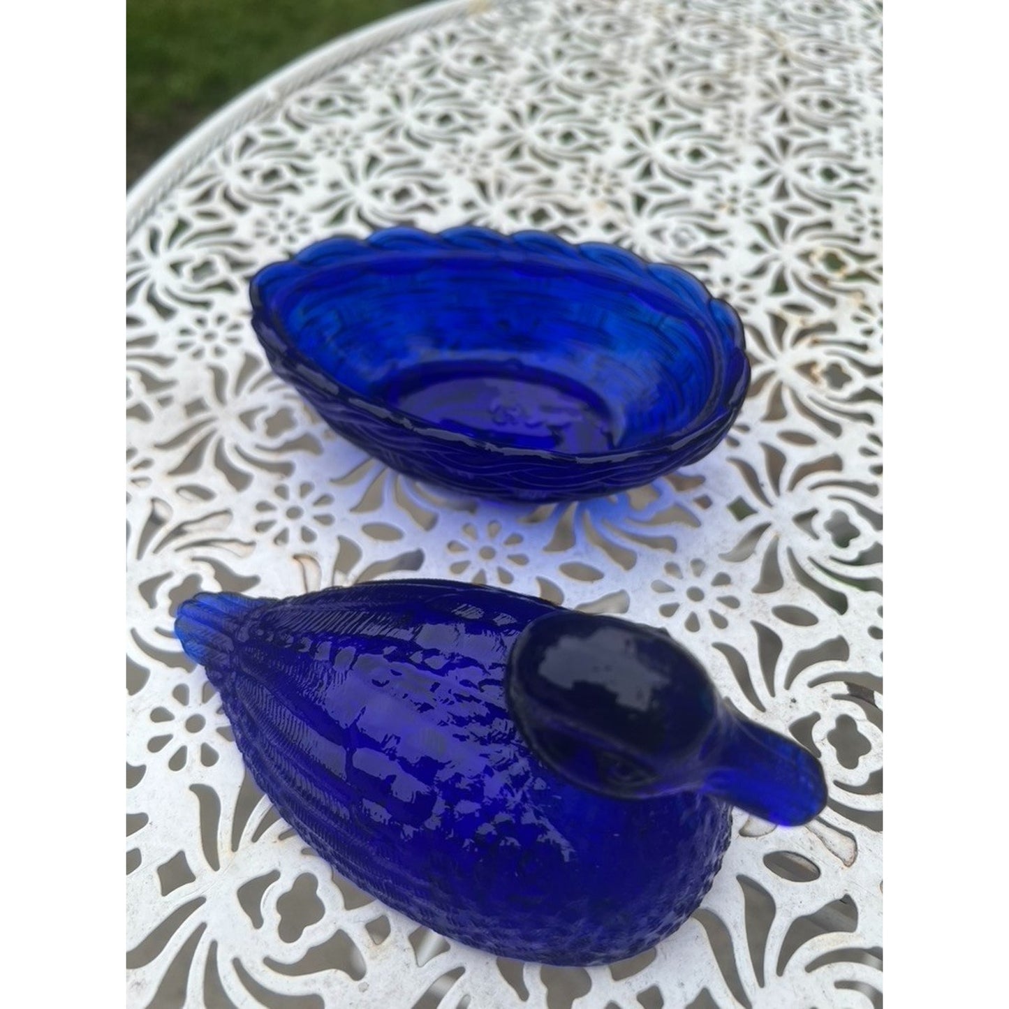 Vintage Cobalt Blue Glass Duck on Nest Woven Basket L E Smith or Westmoreland