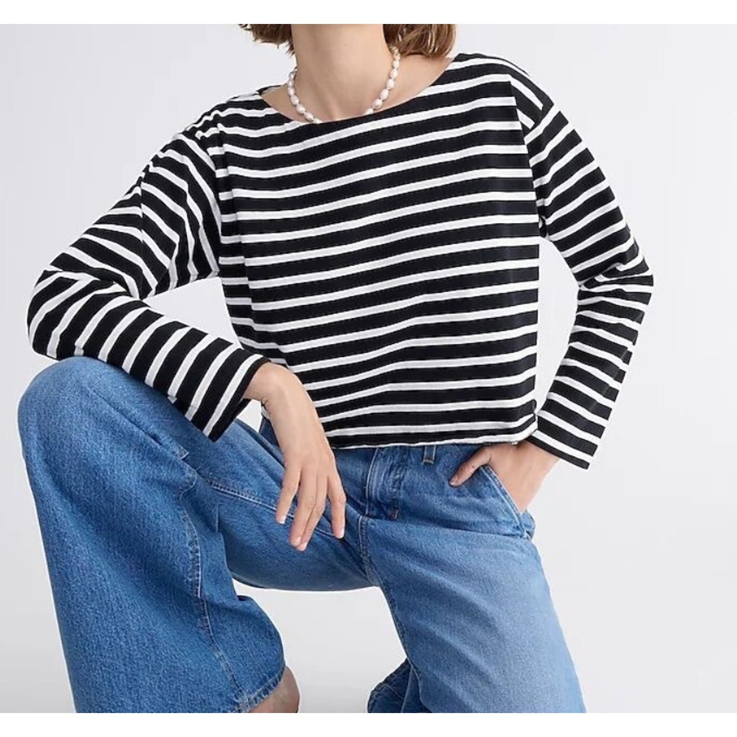 NWT J Crew Cropped blue white boat neck Cotton Long Sleeved Shirt