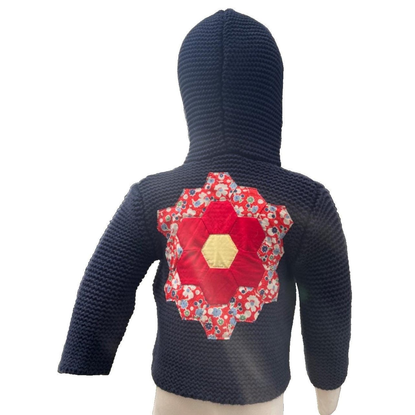 OOAK Baby Gap 3-6 Navy Knit Sweater w/ Grandmother's Flower Garden Quilt Patch