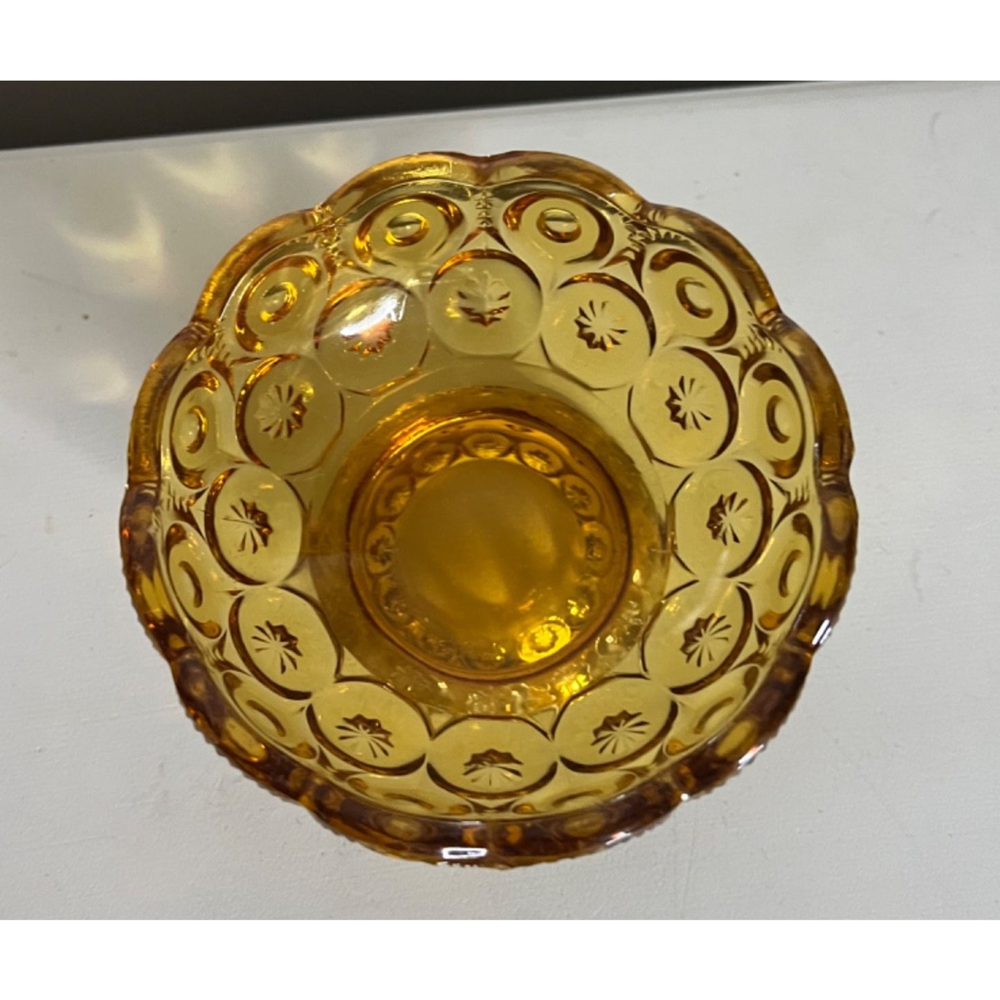 Vintage LE Smith MOON and STARS Amber Glass Compote, Candy, Relish Dish / Bowl