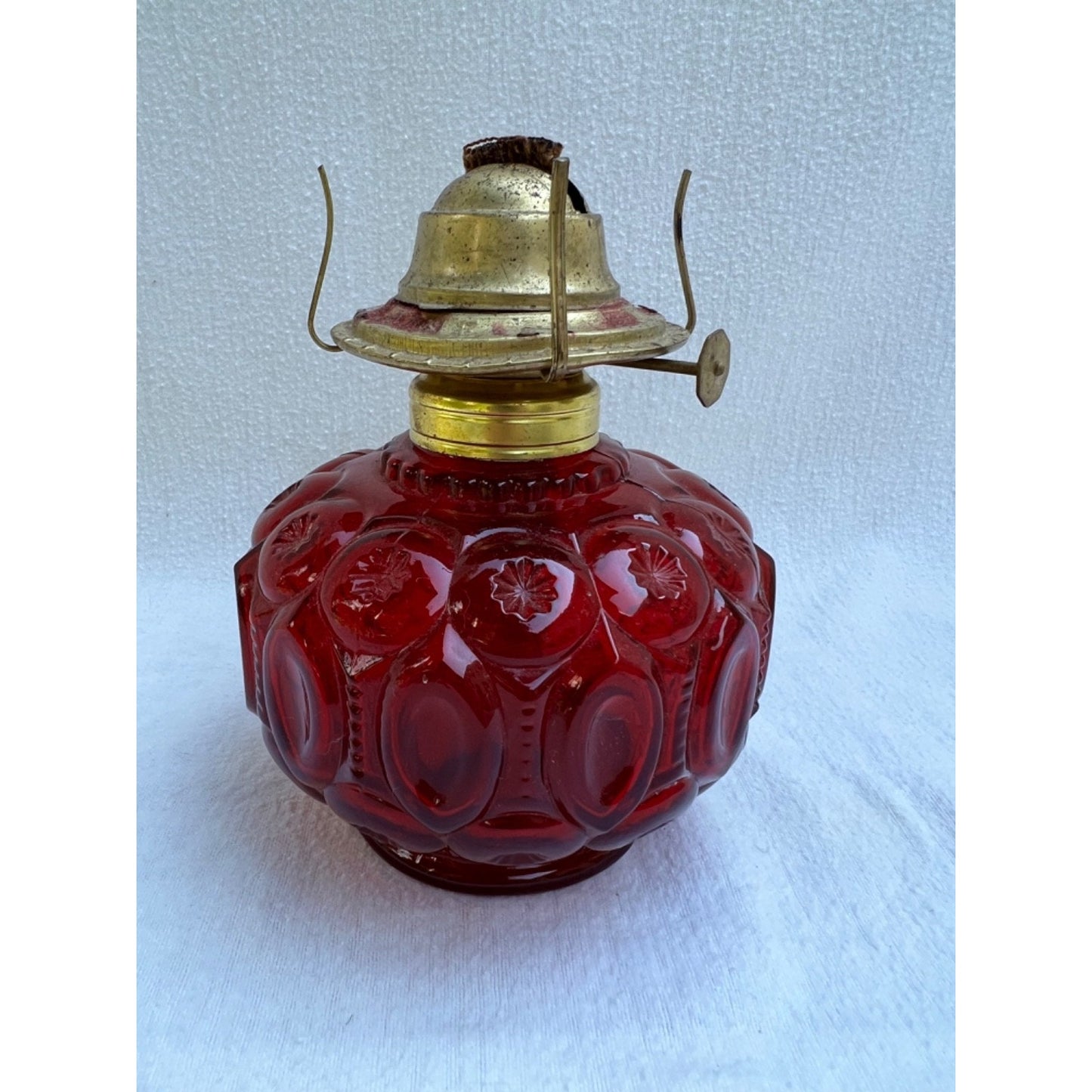 VTG L E Smith Moon Stars Cranberry Red Oil Lamp 12” Glass Victorian Gothic