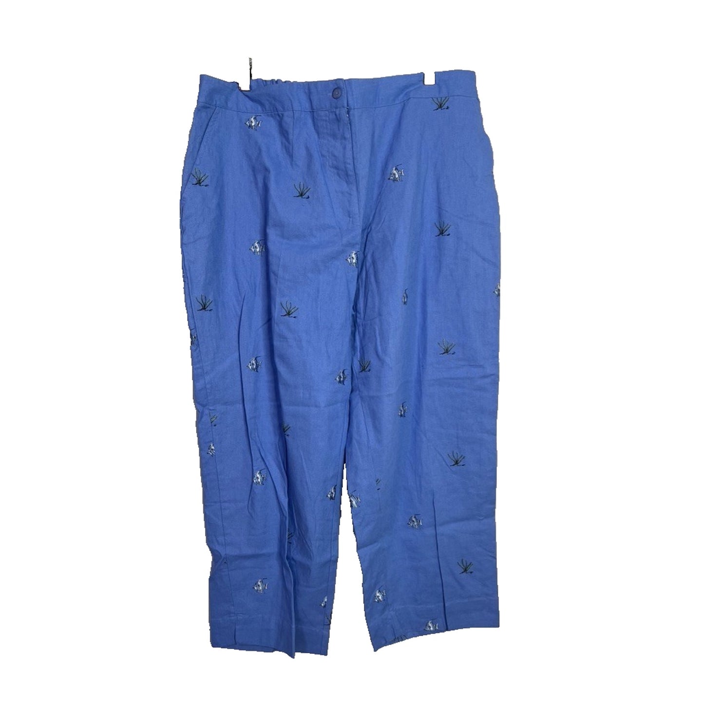 NWT XXL Sun Moda Resort Wear Blue Linen Angel Fish Embroidered Pants Cruise