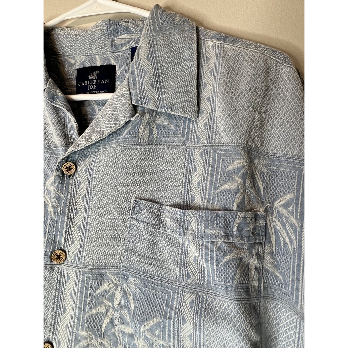 Caribbean Hawaiian Silk Button Shirt Mens L Blue Short Sleeve Asian Beach Party