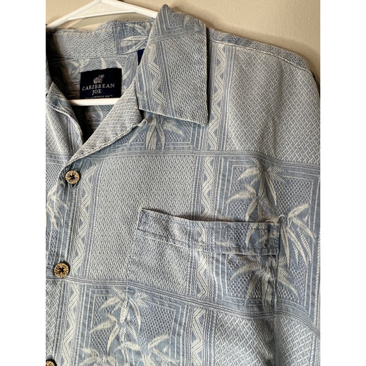 Caribbean Hawaiian Silk Button Shirt Mens L Blue Short Sleeve Asian Beach Party