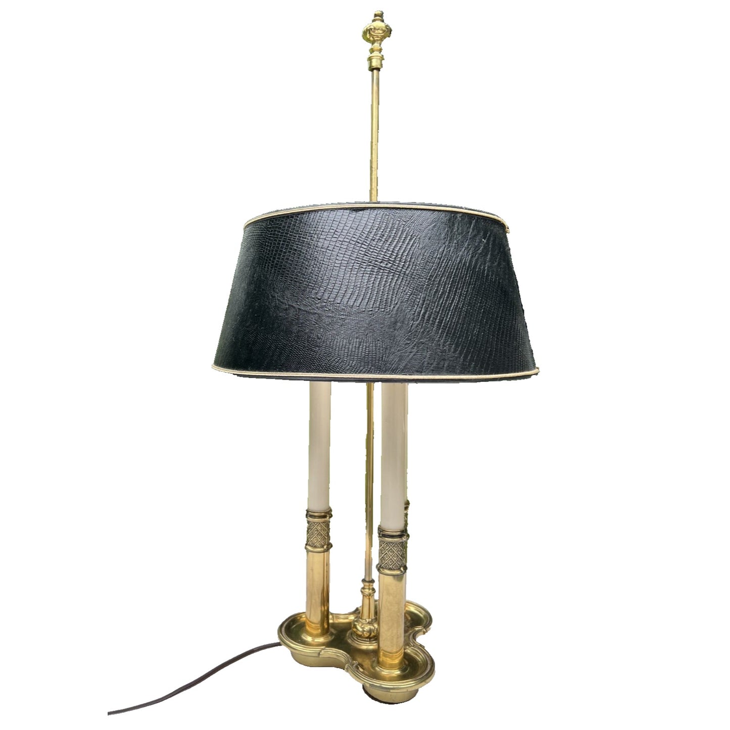 STIFFEL French Bouillotte Brass Candlestick Vtg Lamp Black Leather Adjust. Shade