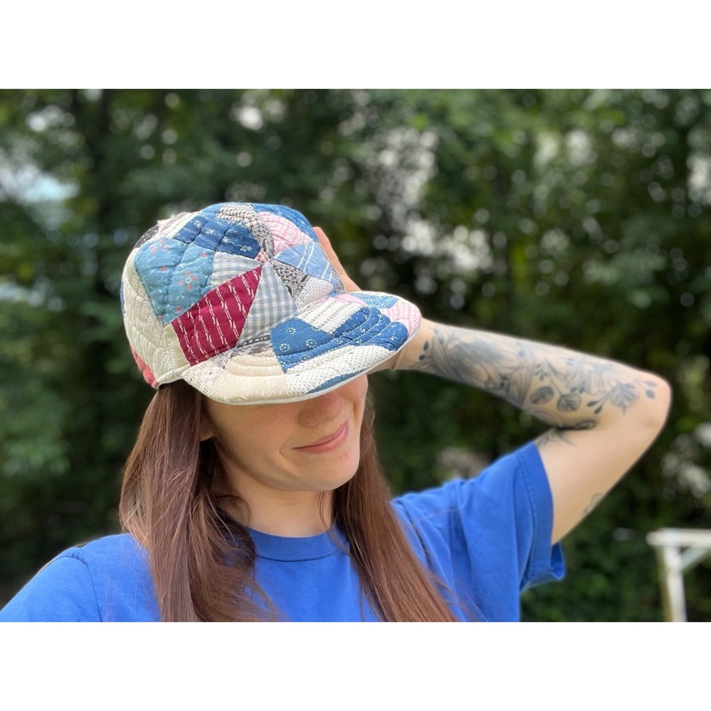 Vintage Handmade Reversible 1910 Indigo Quilt & Irish Linen Baseball Hat
