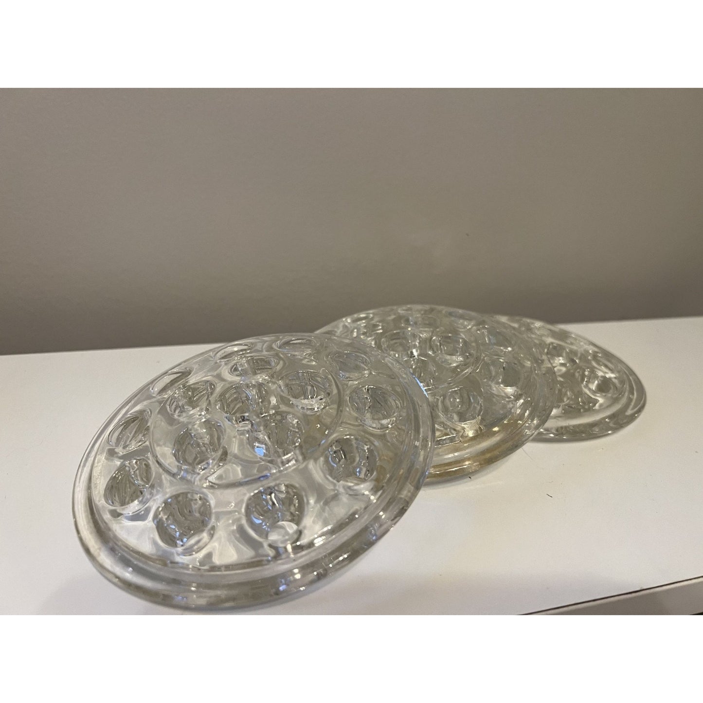 Lot 3 Vintage Clear Glass Flower Frogs 5” 16 Hole Floral Arranging Vase Inserts