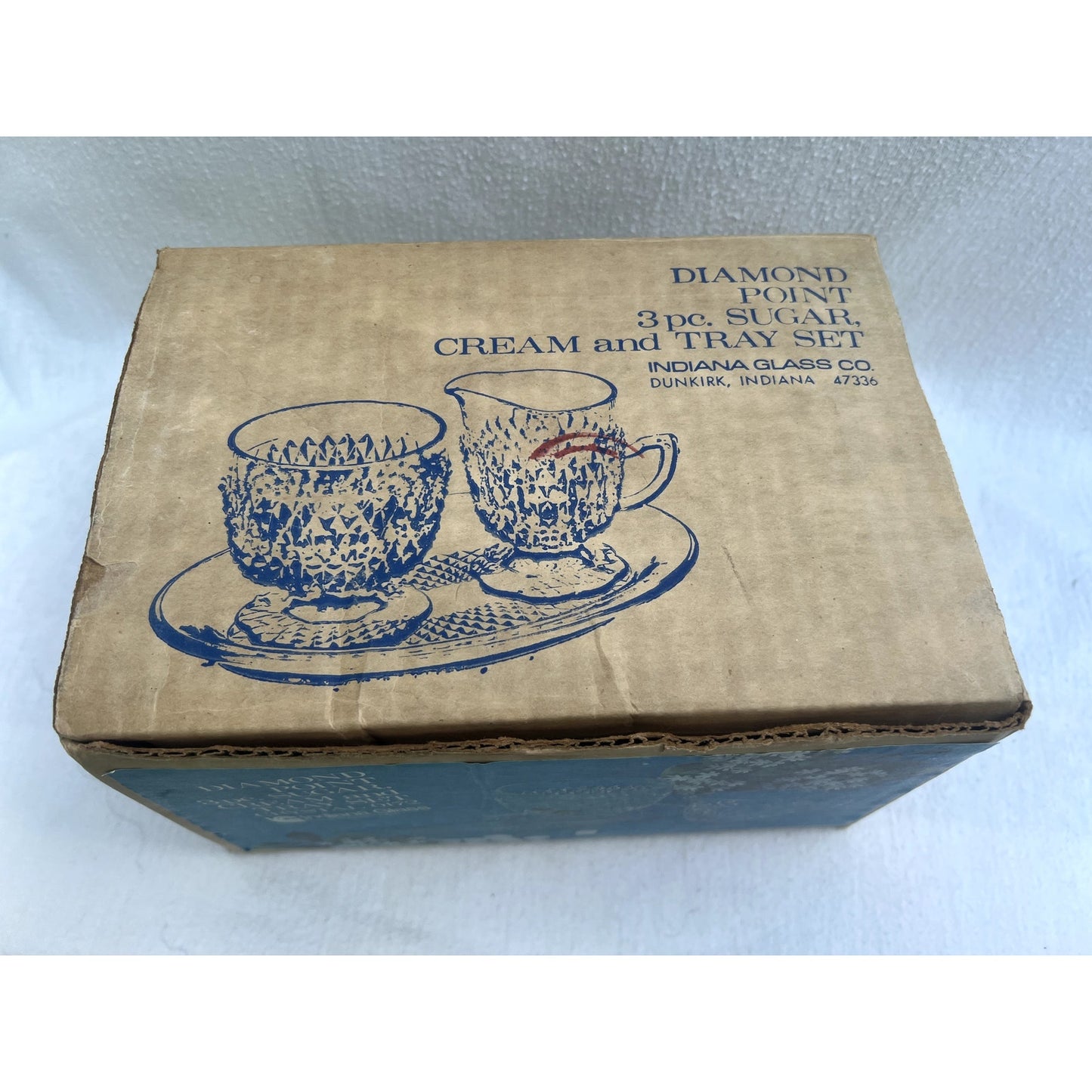 Vintage Indiana Glass Diamond Point 3 pc Sugar & Cream Tray Set w/ Original Box
