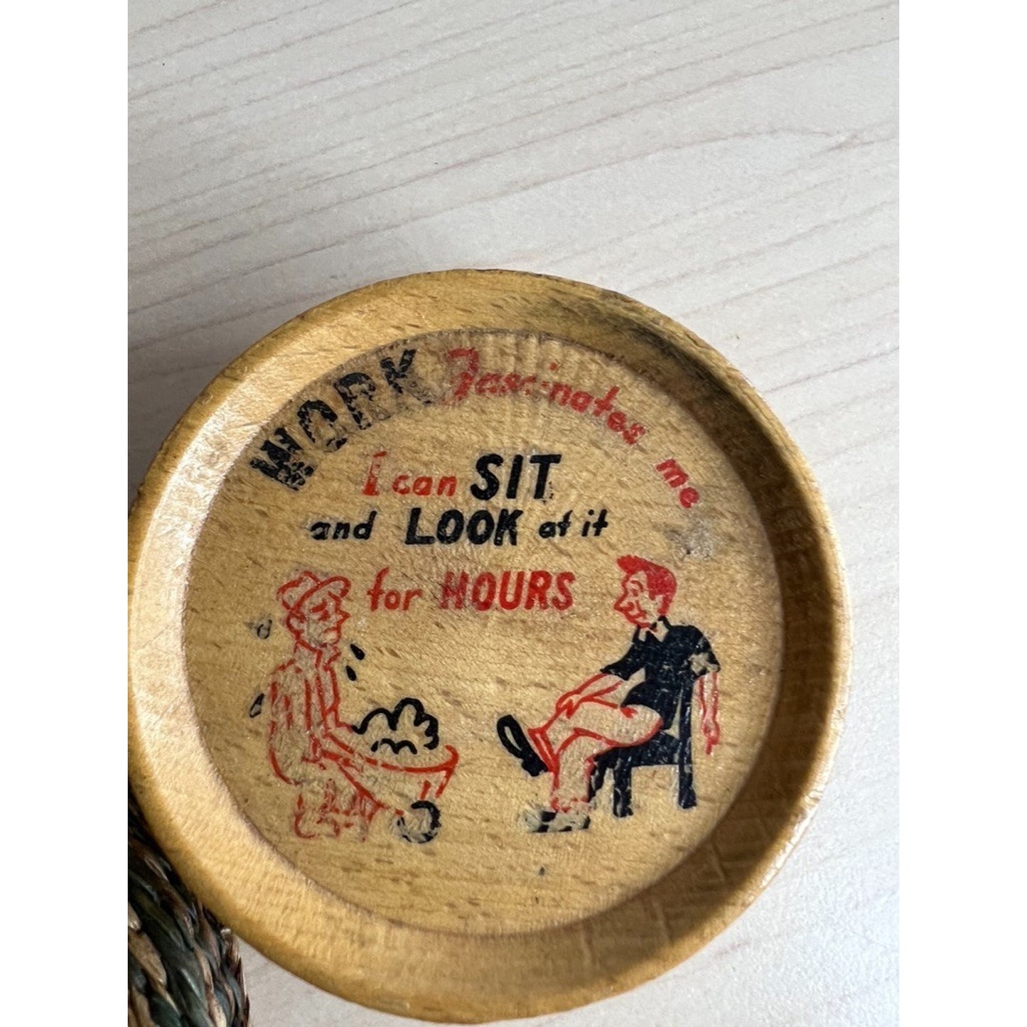 Vintage Wood Coaster Set in Basket Whimsical Hand Painted Kitsch Misogyny
