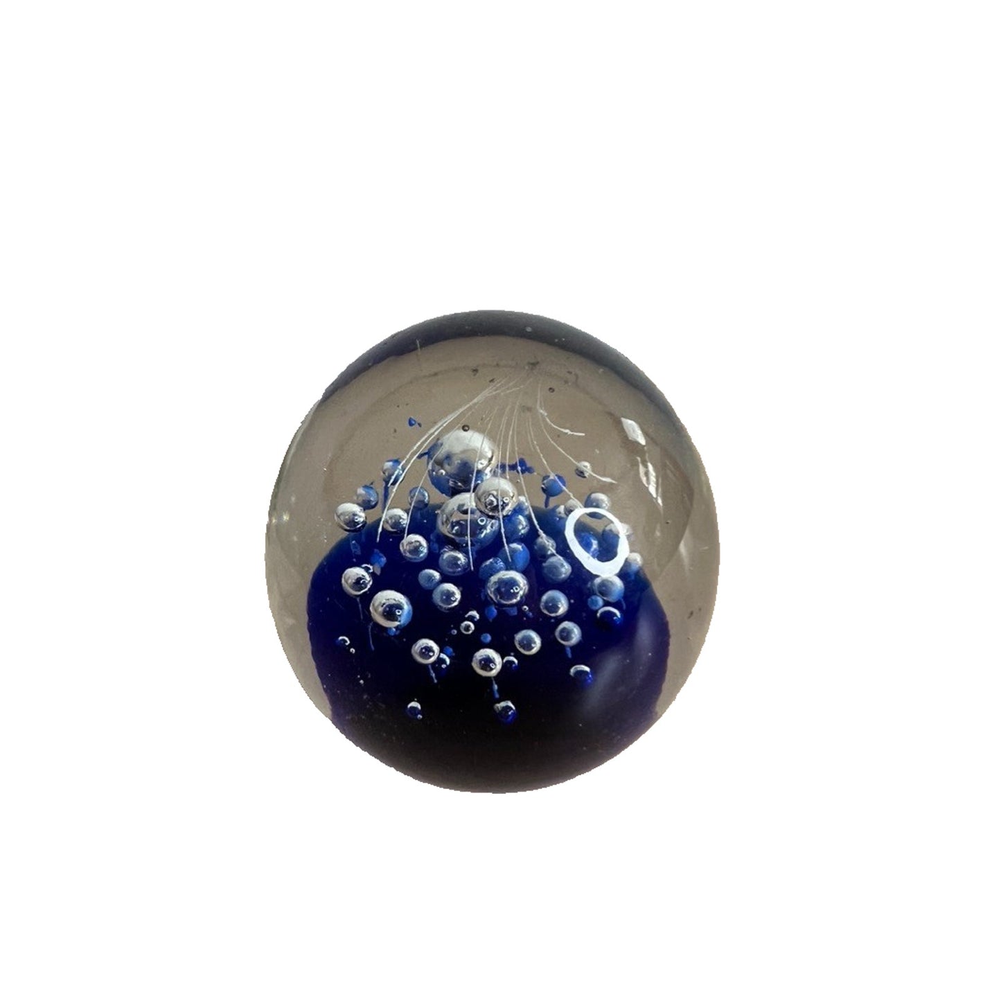 Hand-Blown Cobalt Blue Controlled Bubbles Glass Paperweight Ocean Fireworks