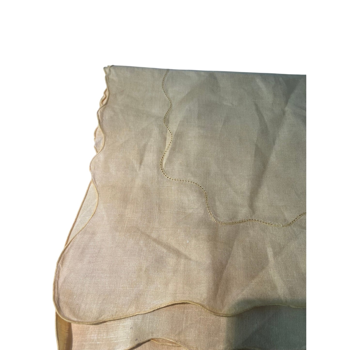 VTG Capri Butter Yellow Belgian Linen Scallop Edge Hemstitch Tablecloth 68x84