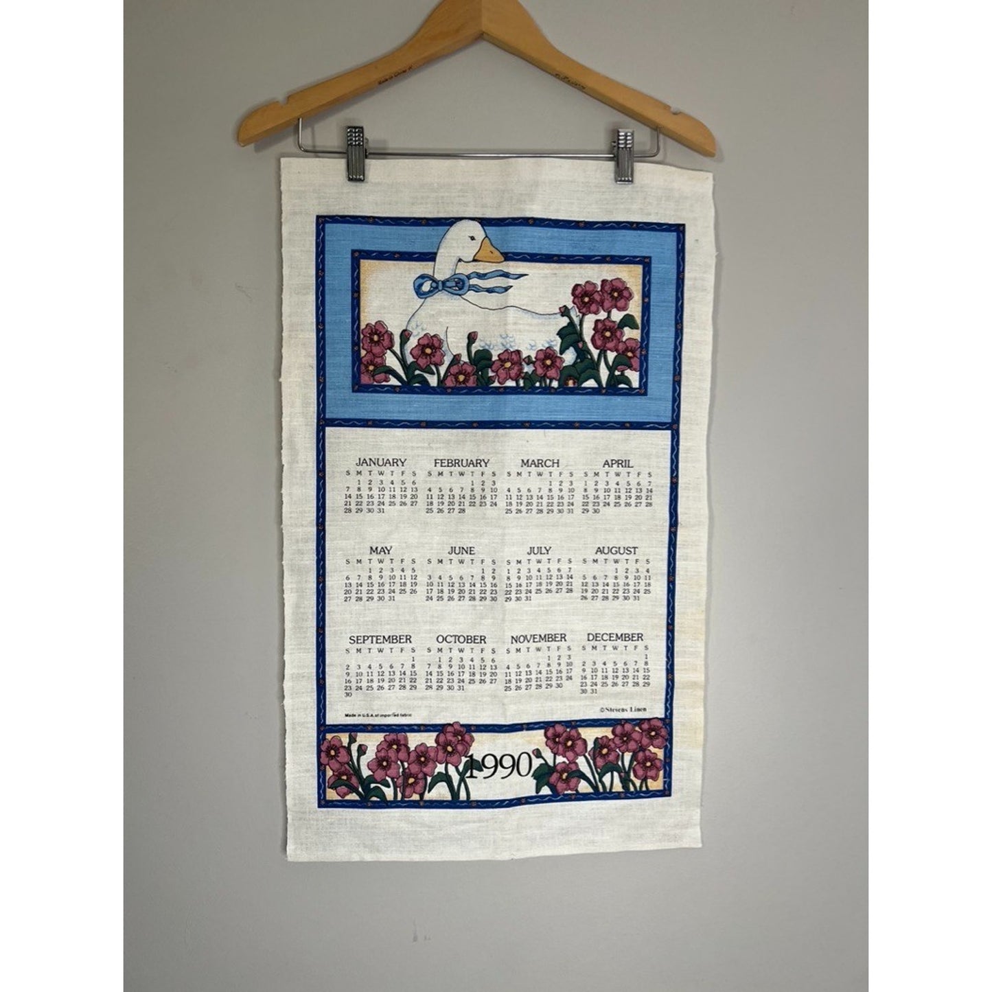 Vintage 1990 Stevens Linen Goose Calendar Tea Towel Wall Hanging