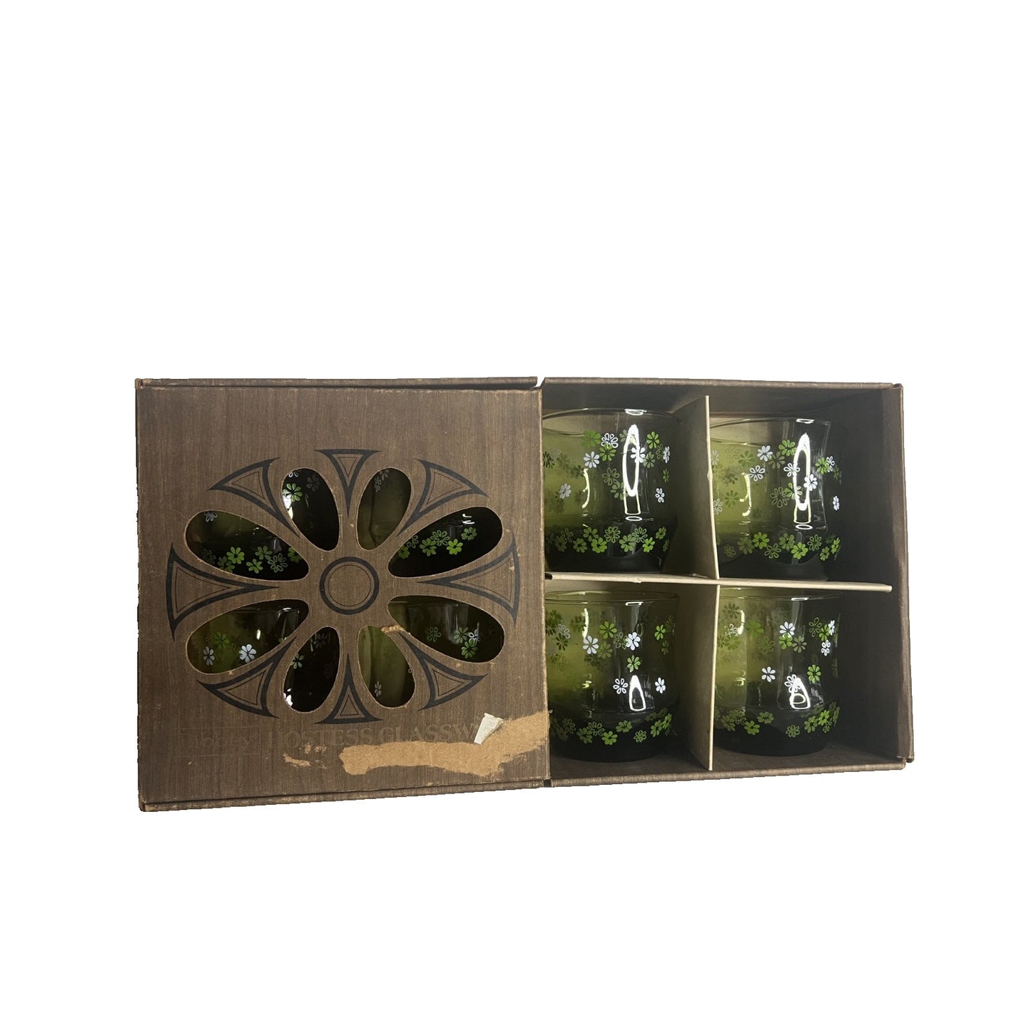 RARE NOS 8 Vintage Libbey Green Straw Flower Crazy Daisy Rocks Glasses