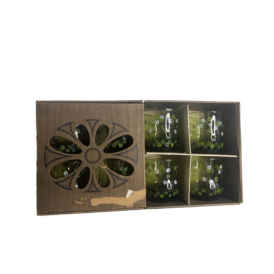 RARE NOS 8 Vintage Libbey Green Straw Flower Crazy Daisy Rocks Glasses