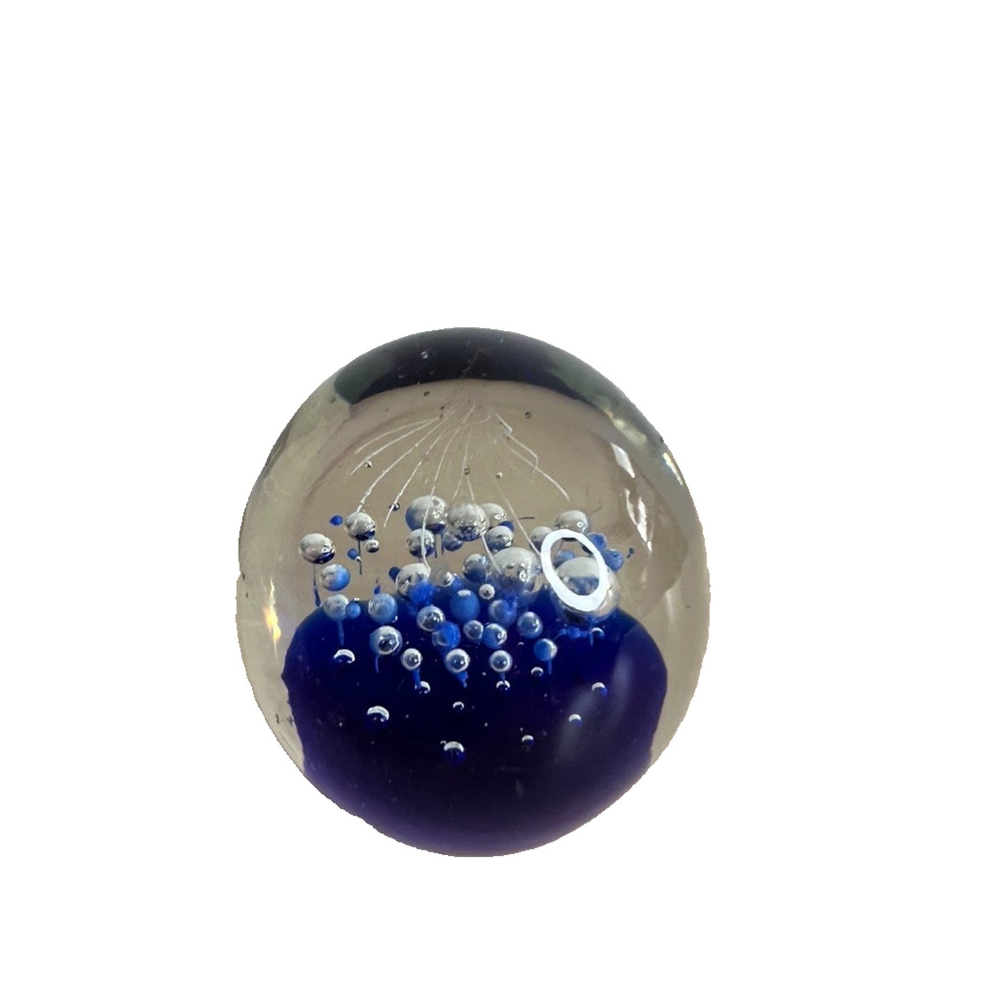 Hand-Blown Cobalt Blue Controlled Bubbles Glass Paperweight Ocean Fireworks