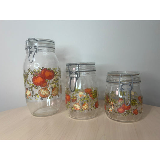 Arc Spice of Life Glass Canister Jar Mushroom Tomato Set of 3 France Vintage