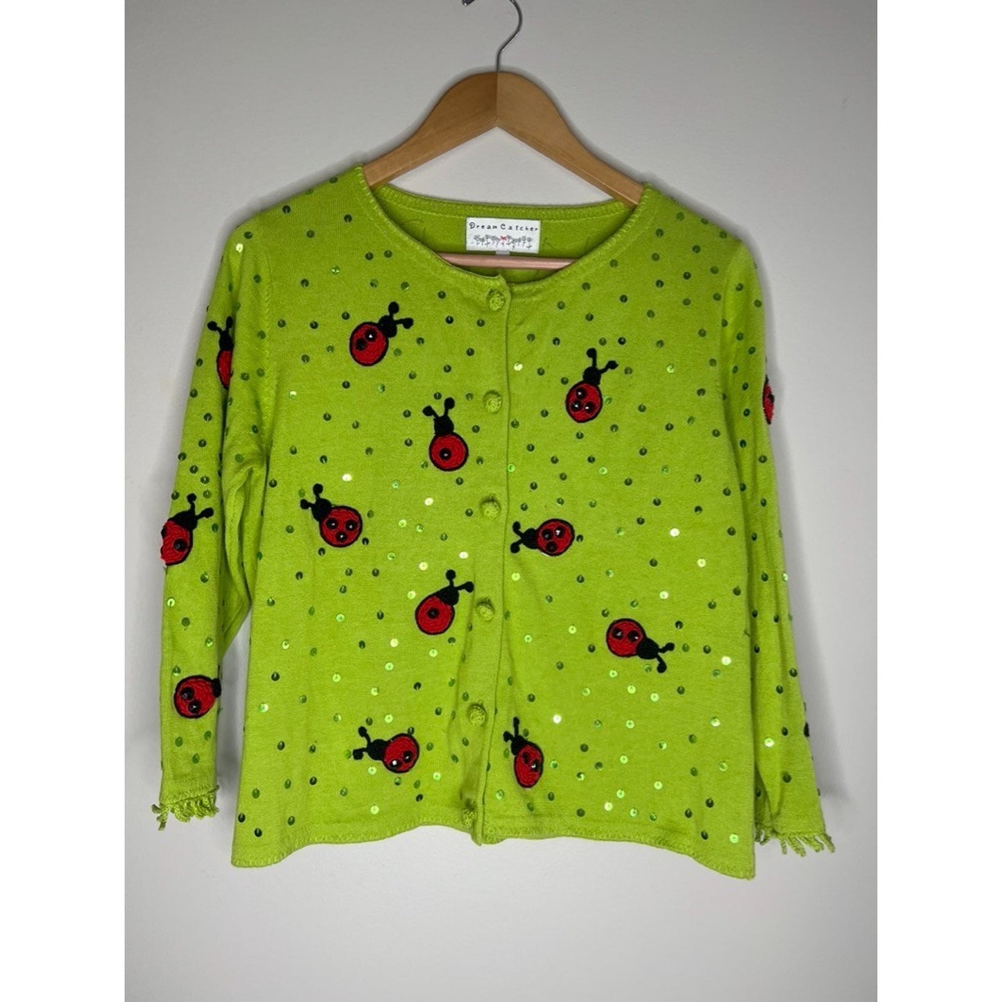 Vintage Dream Catcher Ladybug Sequin Kawaii Cardigan Sweater Size M